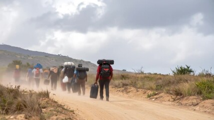 Group of migrants with backpacks and suitcases walking along a dusty road