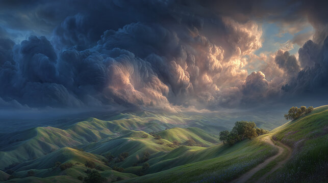 Stormy sky over rolling green hills at sunset, dramatic landscape with sunlight breaking through clouds, epic nature scene with contrast lighting