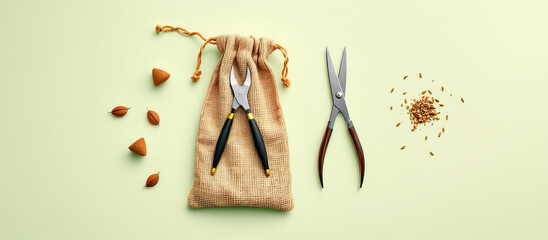 Burlap bag with gardening tools and seeds arranged on light surface in harmonious layout