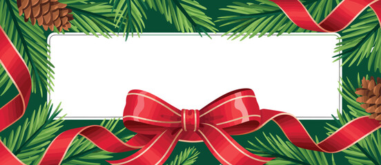 Christmas Festive Background with Pine Branches and Red Ribbon Bow