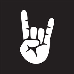 A white hand making the rock and roll sign on a black background in a minimalist style design art