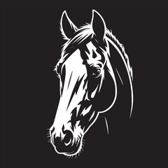 A graphic illustration of a horse head in white on a black background with detailed line work design