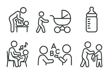 Parenting and childcare icons for baby care and education design