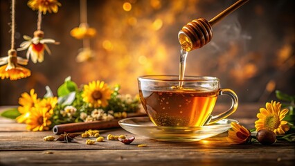 Golden honey drips slowly onto a steaming cup of herbal tea infusion, infusing flavors and aromas in perfect harmony , golden honey drizzle, herbal tea