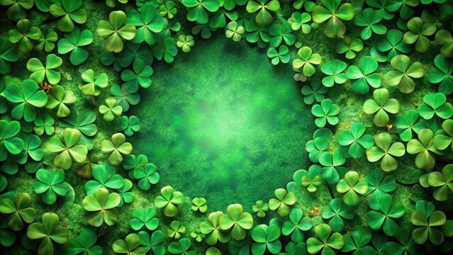 Emerald green shamrock leaves arranged in a circular border surrounding a vibrant background reminiscent of St Patrick's Day , St Patricks Day, Background - Powered by Adobe