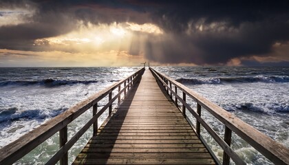 Fototapeta premium a dramatic seascape featuring a wooden pier extending into turbulent waters illuminated by piercing rays of sunlight breaking through dark storm clouds