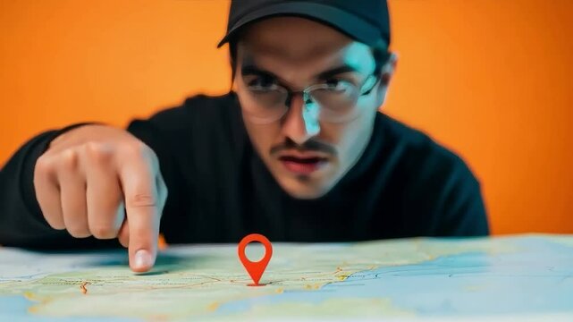 a person pointing precisely at a marked spot on a map with intense focus, showing exactness and clarity