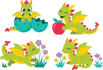 “Adorable green baby dragon collection with eggs, flowers, and red apple, isolated on white background, perfect for children’s storybooks or educational materials.”