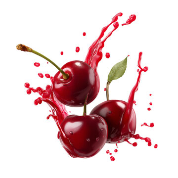 Three cherries splashing in vibrant juice explosion isolated on white background