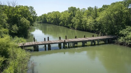 Obraz premium Aged dock extending over green river water surrounded by forested banks