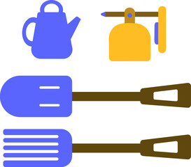 Colorful Gardening Tools and Icons. Spade, Fork, Watering Can, Garden Bell, Minimalist Spring Garden Clipart for DIY, Farm, Seed Packaging, Educational Posters, Home Projects and Eco Design Sets.
