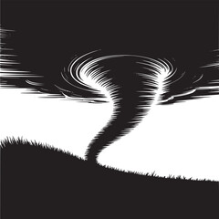 A black and white illustration of a tornado over a grassy hill against a white background with motion lines