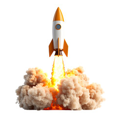 A rocket launching with fiery exhaust and billowing clouds of smoke