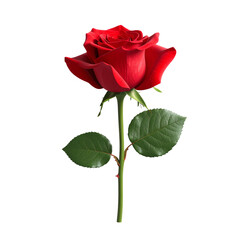 A vibrant red rose with lush green leaves, showcasing its intricate petals and natural beauty