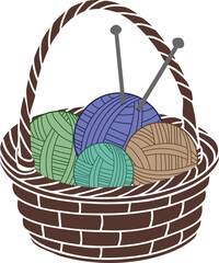 Colorful Yarn Balls Basket with Knitting Needles, Cozy Handicraft Clipart for DIY Projects, Knitting Studio Wall Art, Handmade Product Packaging, Craft Fair Signs, and Creative Illustration Sets
