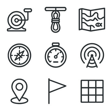 Mapping Icons Design. Outline icon set of mapping and navigation tools: guide reel, survey line, underwater map, compass rose,