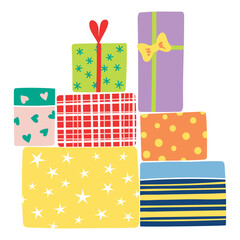 Heap of birthday gifts, bunch of presents in boxes hand drawn illustration, isolated vector. Flat style design. Birthday celebration, festival, carnival, party clip art, element