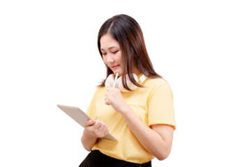 Asian young beautiful woman in a yellow shirt holding a tablet and wearing headphones around her neck.