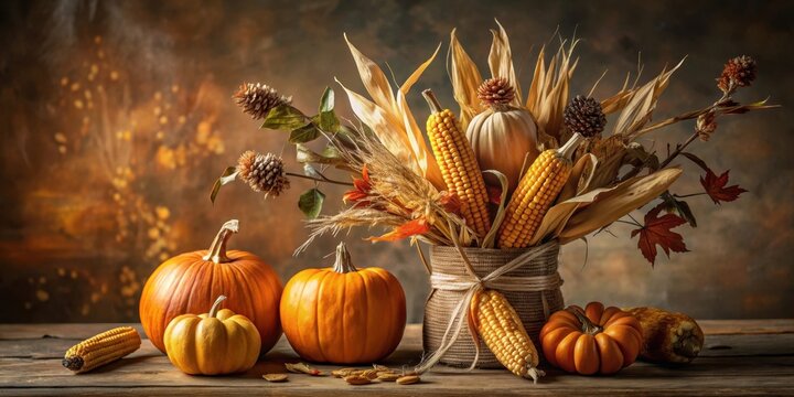 Warmly lit autumnal arrangement featuring a collection of dried corn husks arranged in a vase with artificial pumpkins and evergreen branches , autumnal decoration, autumn centerpiece