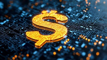 Glowing Dollar Symbol on Circuit Board Background: Finance, Technology, Digital Economy Concept.