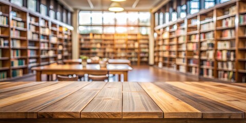 Obraz premium Wooden table with a view of a library, empty and blurred, serene landscape, serenity, serene landscape