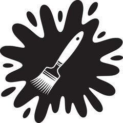 Black paint splash with a white paint brush in the center on a white background in a vector image