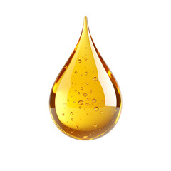 A shiny, golden droplet with a smooth surface and visible bubbles, resembling oil or a liquid substance