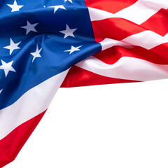 A waving American flag with red and white stripes and a blue field adorned with white stars