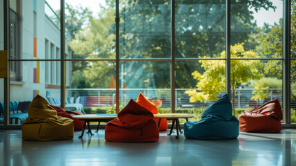 A vibrant arrangement of colorful beanbag chairs in a bright, open space with large windows, creating a relaxed atmosphere overlooking the school's outdoor courtyard.