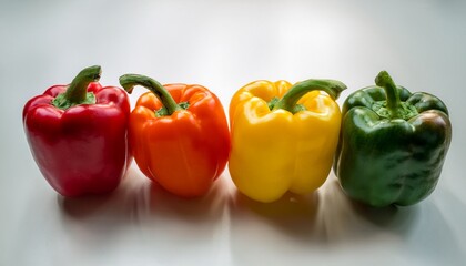 isolated colorful bell peppers in red orange yellow and green arranged in rows displaying fresh vegetables for healthy cooking