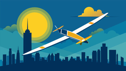 A lone unmanned solarpowered glider soaring gracefully through the sky harnessing the energy of the sun to silently patrol the city below.. Vector illustration