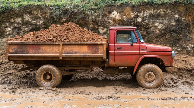 Industrial vehicle carrying a full load of soil across a rugged, muddy terrain