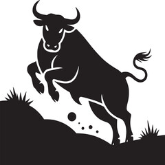 A black silhouette of a bull jumping over a hill with grass on a white background illustration