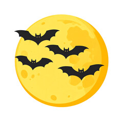 Fototapeta premium Bats flying against a bright yellow full moon, creating a whimsical and spooky atmosphere