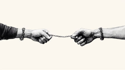 Two hands pulling a short chain, each wrist bound by a larger chain