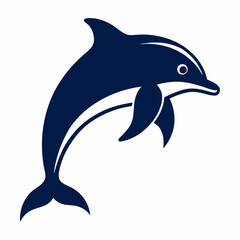 A navy blue dolphin leaps gracefully on a white background.