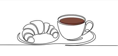 Single Line Drawing of Coffee and Croissant Breakfast