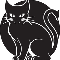 Illustration of a black cat with a red nose and white whiskers against a red circle background