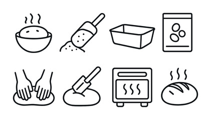 Baking essentials: icon set featuring bread, dough, and oven elements for culinary design