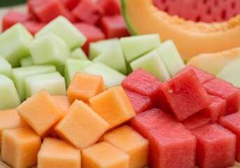 Freshly cut cubes of watermelon cantaloupe and honeydew melon ready to eat