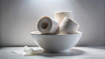 A close-up shot of rolled toilet paper in a porcelain bowl with a few sheets hanging loose, surrounded by a soft white glow , toilet accessories, personal care
