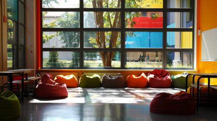 A vibrant arrangement of colorful beanbag chairs in a bright, open space with large windows, creating a relaxed atmosphere overlooking the school's outdoor courtyard.