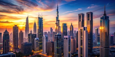Dusk Skyline with Towering Skyscrapers , dusk, architecture,  dusk