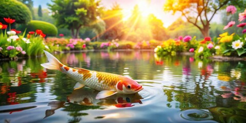 A koi fish swims in the foreground of a serene pond surrounded by lush greenery and vibrant flowers, with warm sunlight filtering through the water , pond, scenery