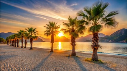 Golden sun setting behind palm trees on Oludeniz beach at sunset, sunset beach, warm sand
