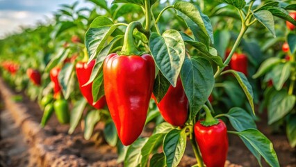 A lush red pepper plant in a farm field with multiple plants surrounding it, showcasing its unique growth pattern and vibrant color , farm field, pepper cultivation