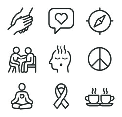 Crisis Support Icons. Outline icon set of helping a friend in crisis: helping hand, comforting