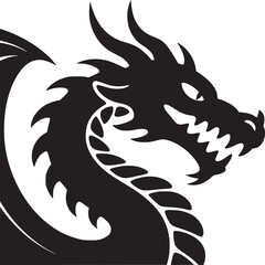 A black and white illustration of a dragon with sharp teeth and horns on a white background design art