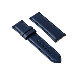 Navy blue leather watch strap, replacement band with stitched edges, macro studio shot.