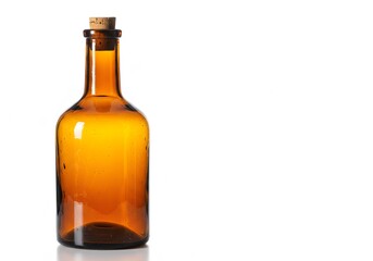 Isolated amber glass bottle with cork stopper on a white background with copy space